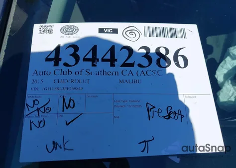 2015 Chevrolet Malibu 1Lt z USA, uszkodzony, nr VIN 1G11C5SL3FF269849